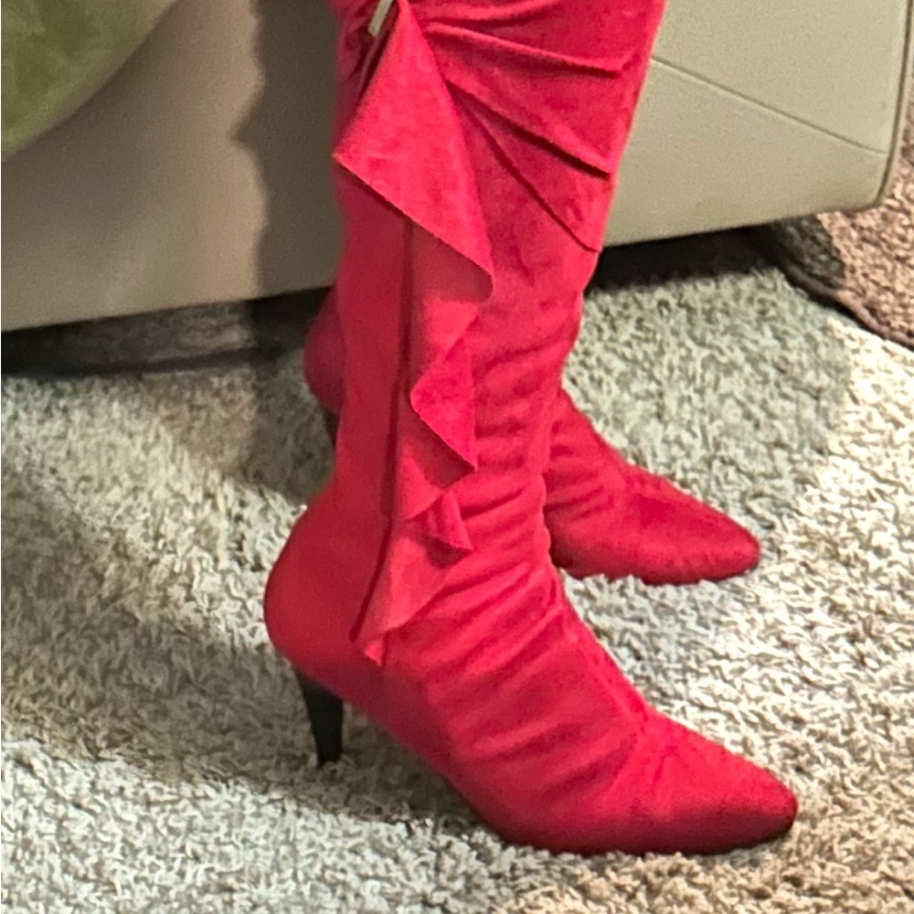 Red faux suede knee high boots